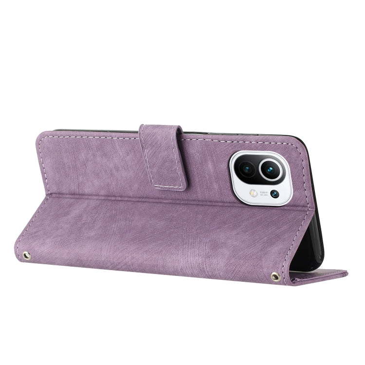 For Xiaomi Mi 11 Lite / Mi 11 Lite 5G NE Skin Feel Stripe Pattern Leather Phone Case with Lanyard