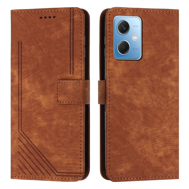 For Xiaomi Redmi Note 12 5G Global / Poco X5 5G Skin Feel Stripe Pattern Leather Phone Case with Lanyard