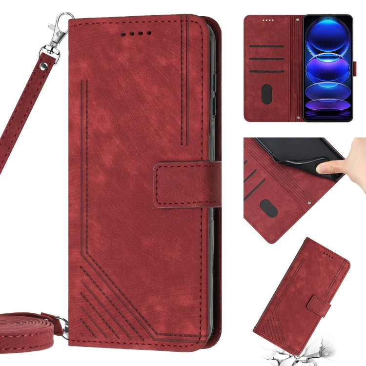 For Xiaomi Redmi Note 12 5G Global / Poco X5 5G Skin Feel Stripe Pattern Leather Phone Case with Lanyard