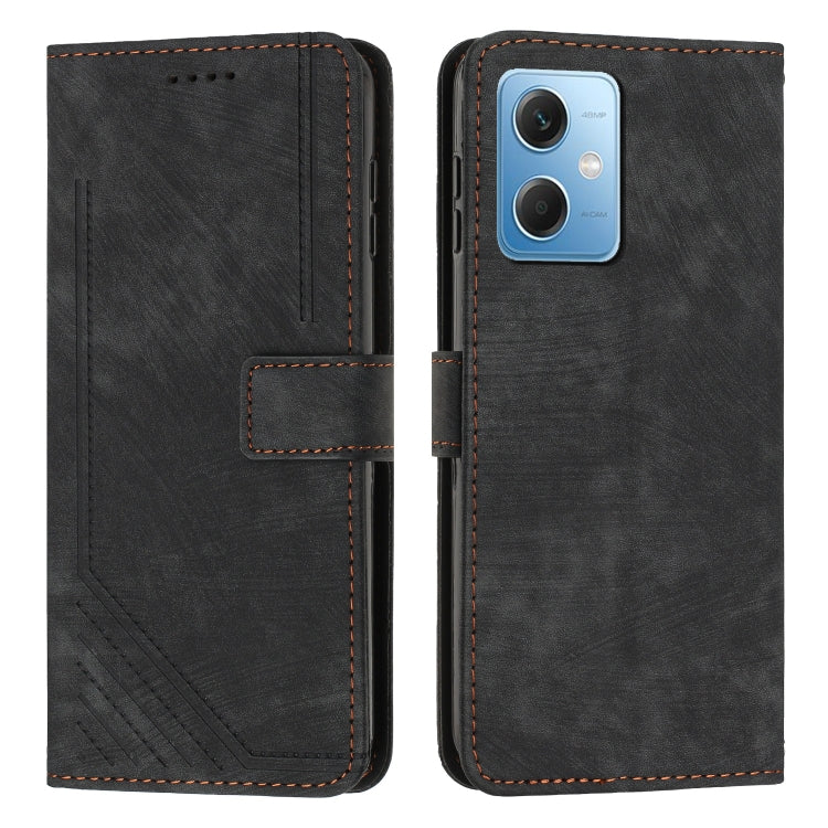 For Xiaomi Redmi Note 12 5G Global / Poco X5 5G Skin Feel Stripe Pattern Leather Phone Case with Lanyard