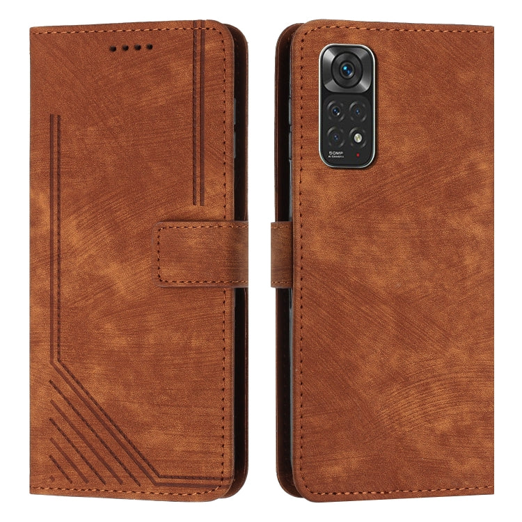 For Xiaomi Redmi Note 11 / Note 11s Global Skin Feel Stripe Pattern Leather Phone Case with Lanyard