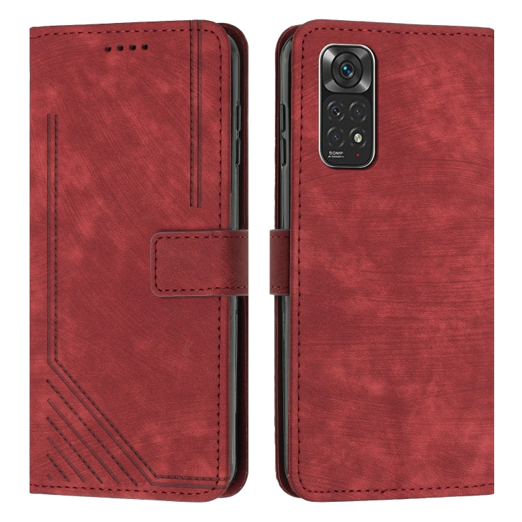 For Xiaomi Redmi Note 11 / Note 11s Global Skin Feel Stripe Pattern Leather Phone Case with Lanyard