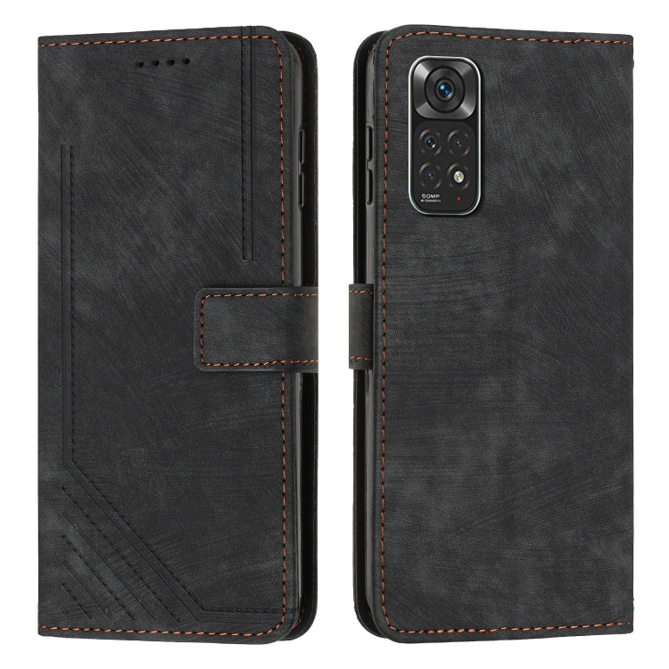 For Xiaomi Redmi Note 11 / Note 11s Global Skin Feel Stripe Pattern Leather Phone Case with Lanyard