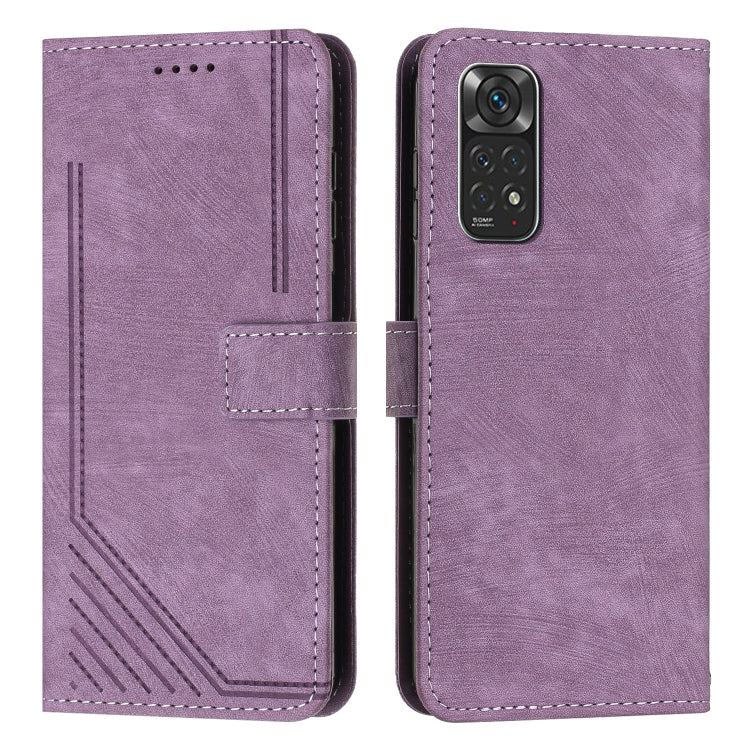 For Xiaomi Redmi Note 11 / Note 11s Global Skin Feel Stripe Pattern Leather Phone Case with Lanyard