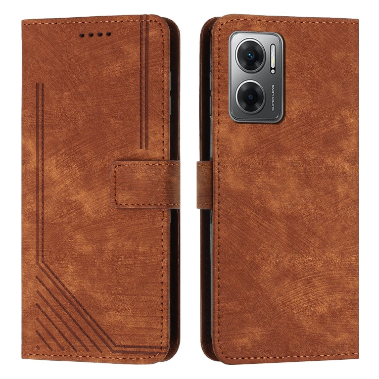 Skin Feel Stripe Pattern Leather Phone Case with Lanyard for Xiaomi Redmi Note 11E / Redmi 10 5G 2022 / Redmi 10 Prime+ 5G India / Poco M4 5G