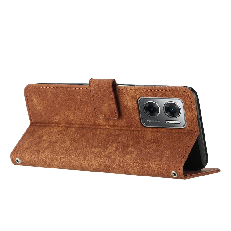 Skin Feel Stripe Pattern Leather Phone Case with Lanyard for Xiaomi Redmi Note 11E / Redmi 10 5G 2022 / Redmi 10 Prime+ 5G India / Poco M4 5G