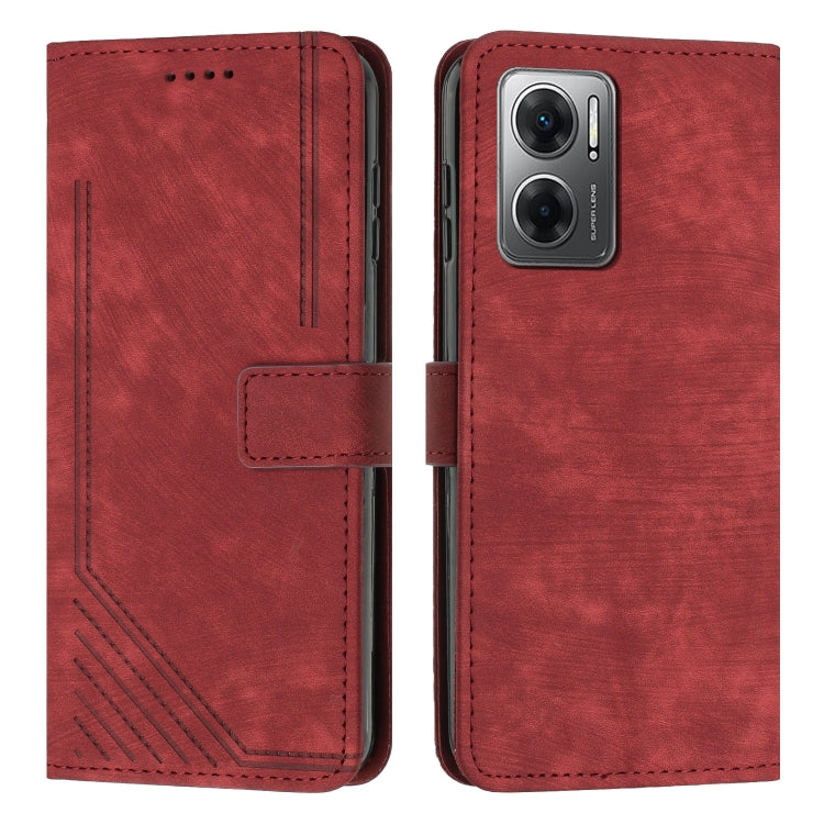 Skin Feel Stripe Pattern Leather Phone Case with Lanyard for Xiaomi Redmi Note 11E / Redmi 10 5G 2022 / Redmi 10 Prime+ 5G India / Poco M4 5G