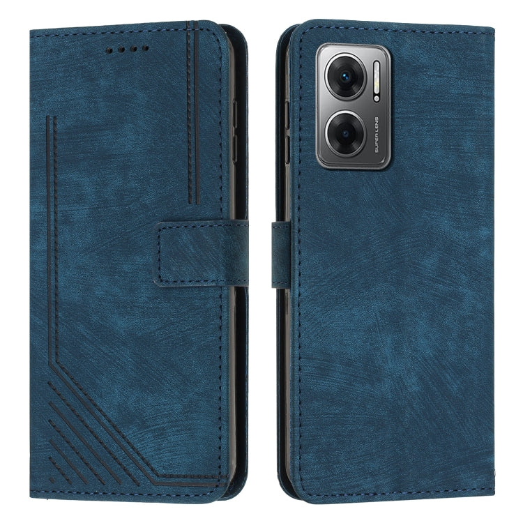 Skin Feel Stripe Pattern Leather Phone Case with Lanyard for Xiaomi Redmi Note 11E / Redmi 10 5G 2022 / Redmi 10 Prime+ 5G India / Poco M4 5G