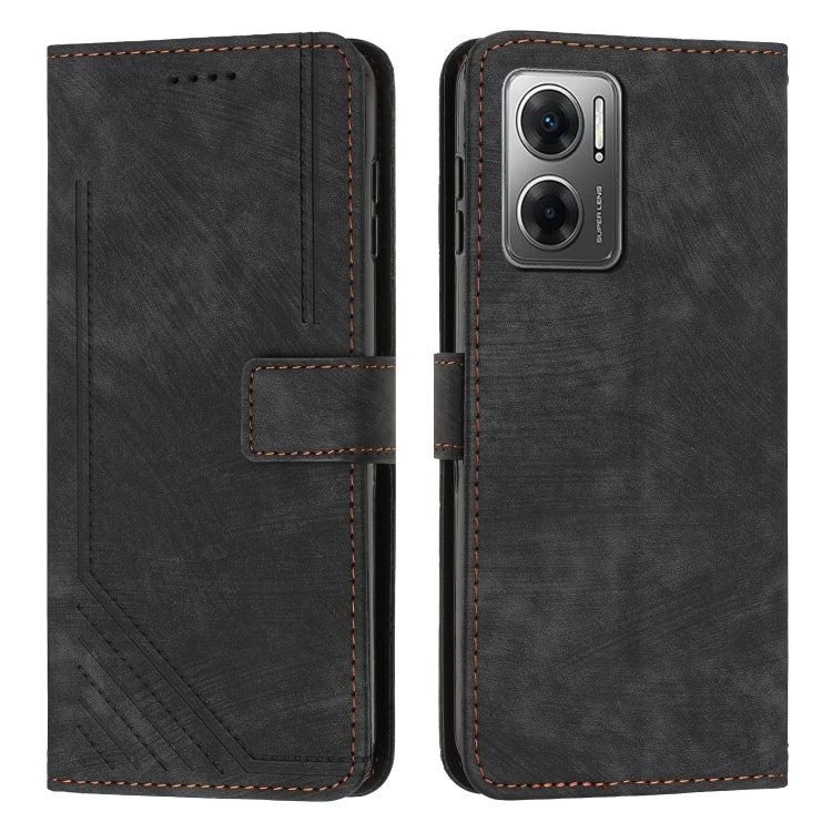 Skin Feel Stripe Pattern Leather Phone Case with Lanyard for Xiaomi Redmi Note 11E / Redmi 10 5G 2022 / Redmi 10 Prime+ 5G India / Poco M4 5G