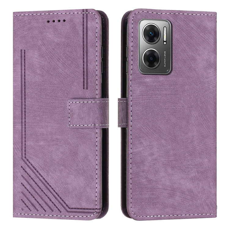 Skin Feel Stripe Pattern Leather Phone Case with Lanyard for Xiaomi Redmi Note 11E / Redmi 10 5G 2022 / Redmi 10 Prime+ 5G India / Poco M4 5G