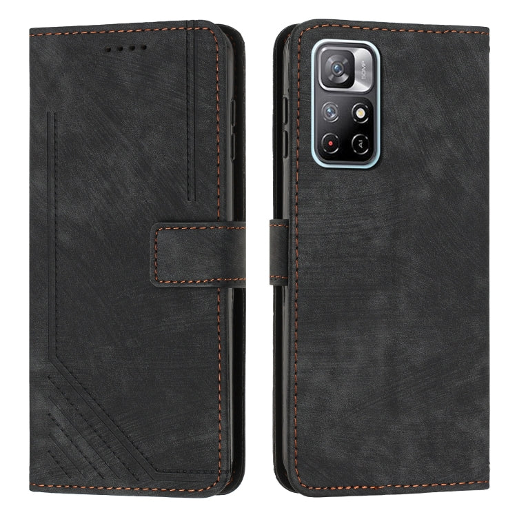 For Xiaomi Redmi Note 11T 5G / Poco M4 Pro 5G Skin Feel Stripe Pattern Leather Phone Case with Lanyard