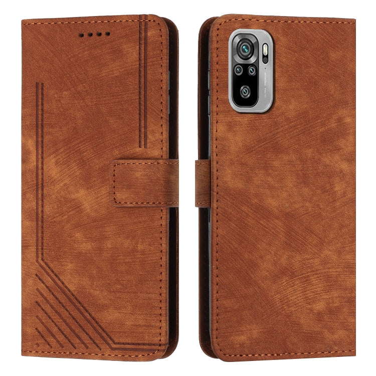 For Xiaomi Redmi Note 10 4G / Note 10s Skin Feel Stripe Pattern Leather Phone Case with Lanyard