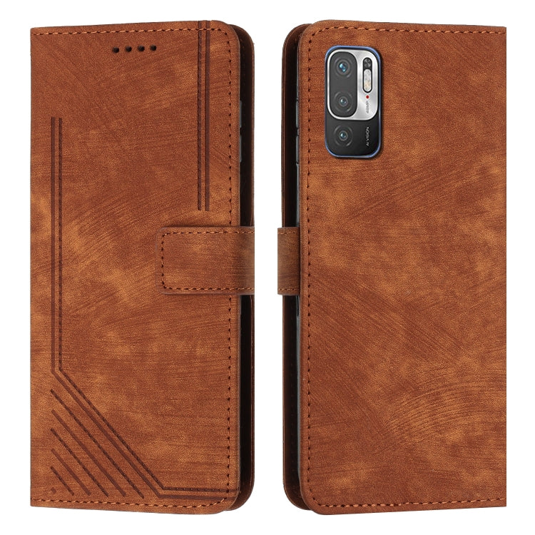 For Xiaomi Redmi Note 10 5G / Note 10T 5G / Poco M3 Pro 5G Skin Feel Stripe Pattern Leather Phone Case with Lanyard