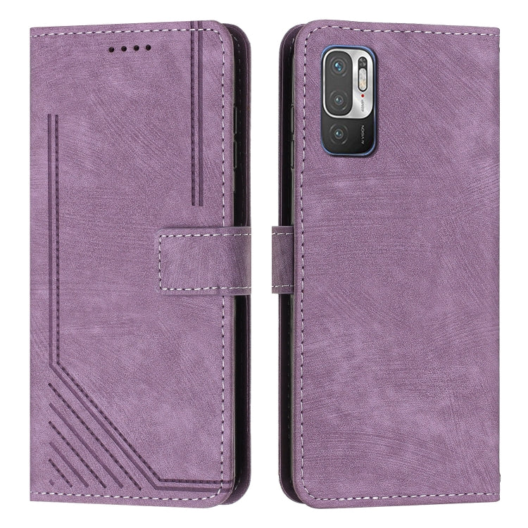 For Xiaomi Redmi Note 10 5G / Note 10T 5G / Poco M3 Pro 5G Skin Feel Stripe Pattern Leather Phone Case with Lanyard