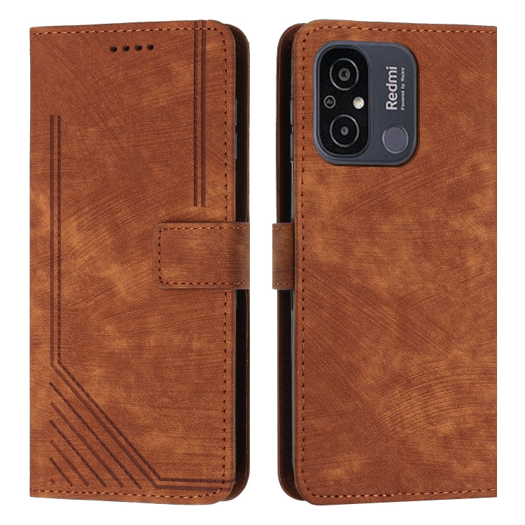 For Xiaomi Redmi 11A 4G Global Skin Feel Stripe Pattern Leather Phone Case with Lanyard