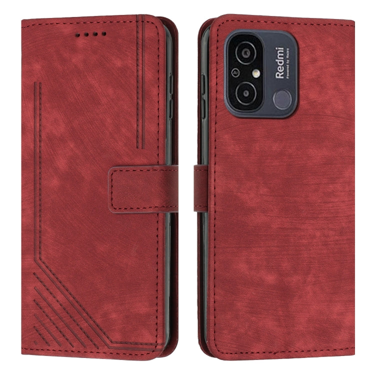For Xiaomi Redmi 11A 4G Global Skin Feel Stripe Pattern Leather Phone Case with Lanyard