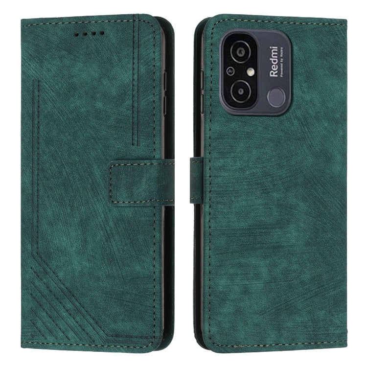 For Xiaomi Redmi 11A 4G Global Skin Feel Stripe Pattern Leather Phone Case with Lanyard