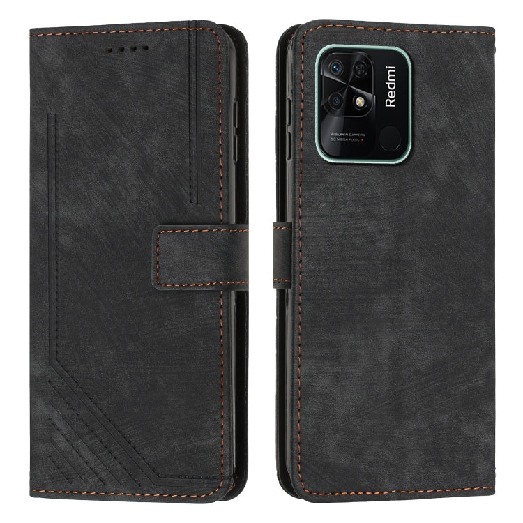 For Xiaomi Redmi 10C 4G Global / Redmi 10 India Skin Feel Stripe Pattern Leather Phone Case with Lanyard