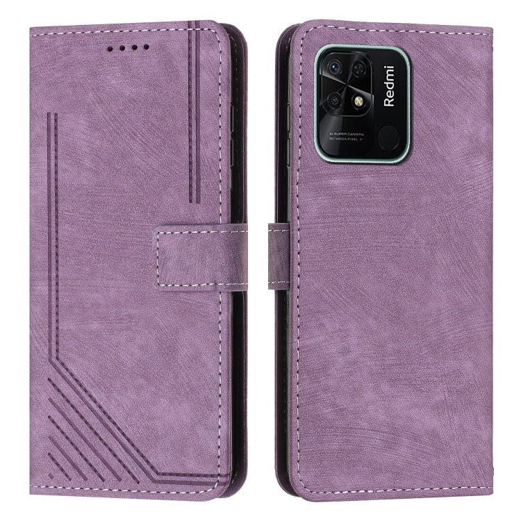 For Xiaomi Redmi 10C 4G Global / Redmi 10 India Skin Feel Stripe Pattern Leather Phone Case with Lanyard