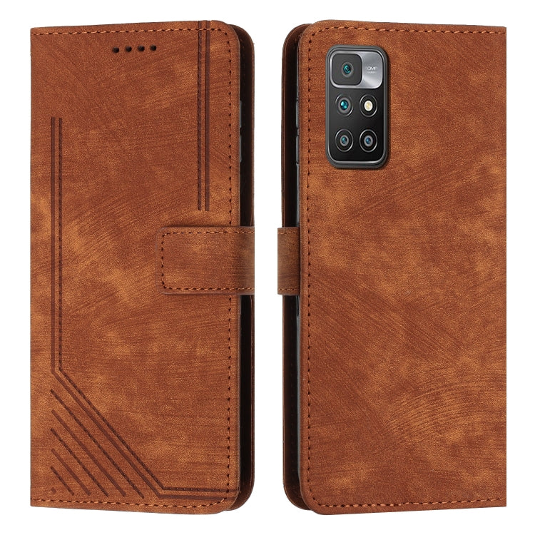 For Xiaomi Redmi 10 / 10 Prime / 10 2022 Skin Feel Stripe Pattern Leather Phone Case with Lanyard