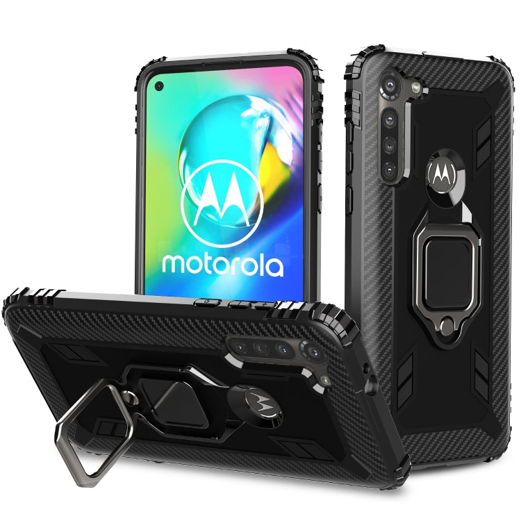 For Motorola Moto G8 Power Carbon Fiber Protective Case with 360 Degree Rotating Ring Holder