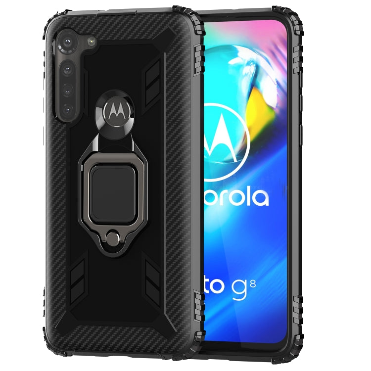 For Motorola Moto G8 Power Carbon Fiber Protective Case with 360 Degree Rotating Ring Holder