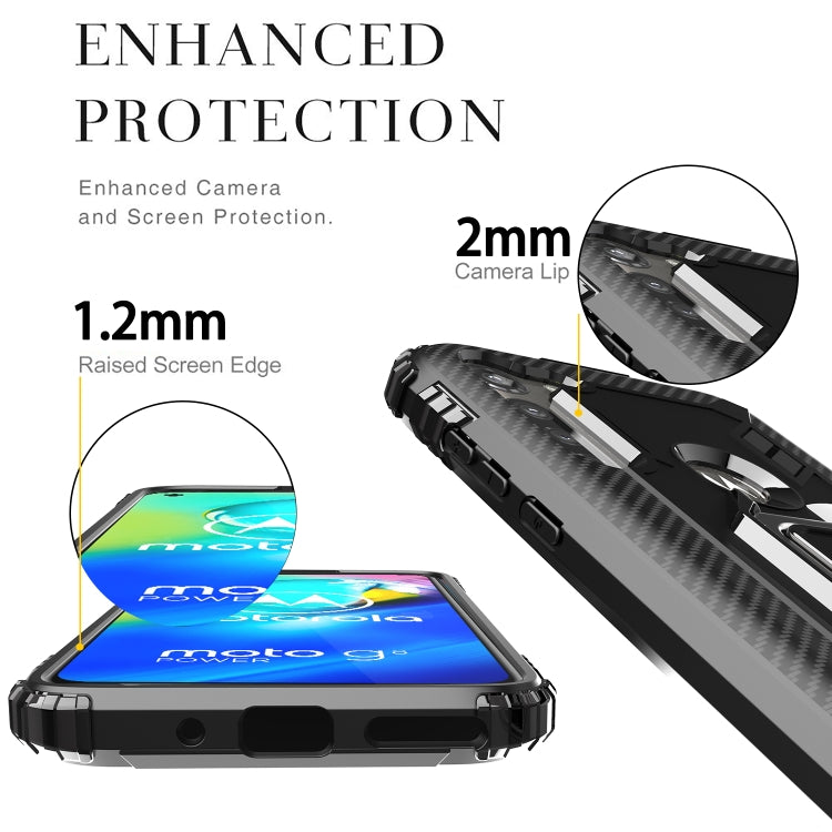 For Motorola Moto G8 Power Carbon Fiber Protective Case with 360 Degree Rotating Ring Holder