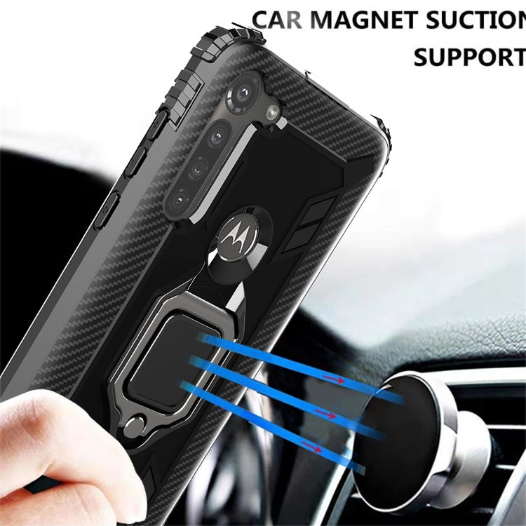 For Motorola Moto G8 Power Carbon Fiber Protective Case with 360 Degree Rotating Ring Holder