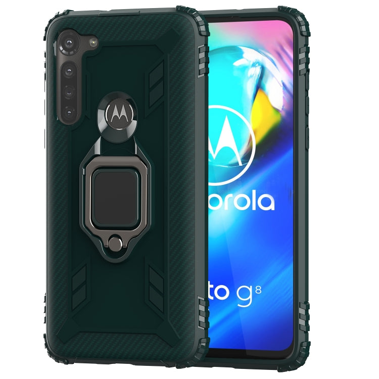 For Motorola Moto G8 Power Carbon Fiber Protective Case with 360 Degree Rotating Ring Holder