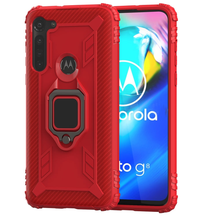 For Motorola Moto G8 Power Carbon Fiber Protective Case with 360 Degree Rotating Ring Holder