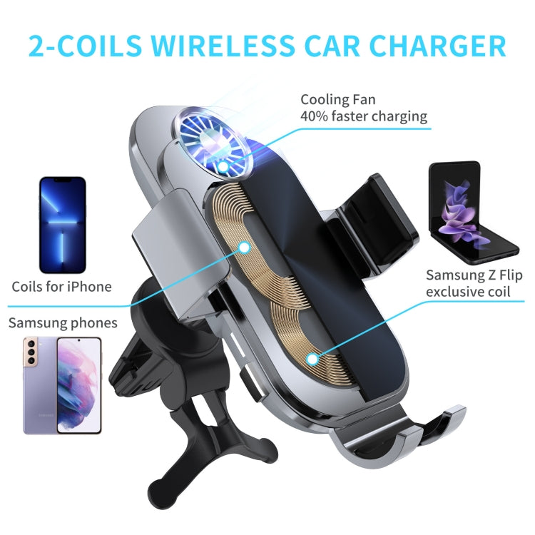 For Samsung Galaxy Z Flip4 / 3 C36 Fan Cooling Dual Coil Car Phone Holder Wireless Charger