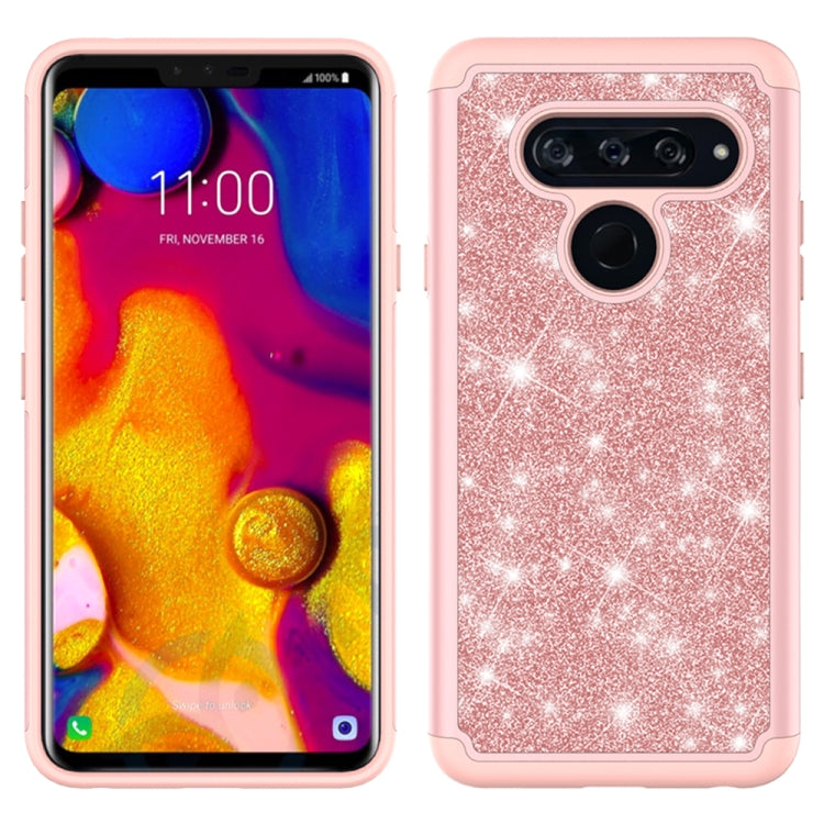 For LG V40 ThinQ Glitter Powder Contrast Skin Shockproof Silicone + PC Protective Case(Rose Gold)