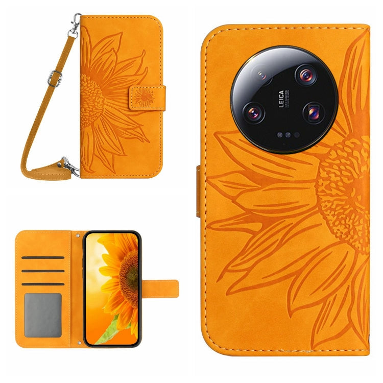 For Xiaomi 13 Ultra HT04 Skin Feel Sun Flower Embossed Flip Leather Phone Case with Lanyard