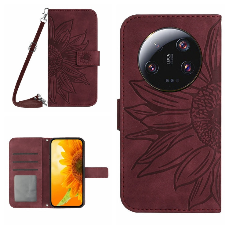For Xiaomi 13 Ultra HT04 Skin Feel Sun Flower Embossed Flip Leather Phone Case with Lanyard