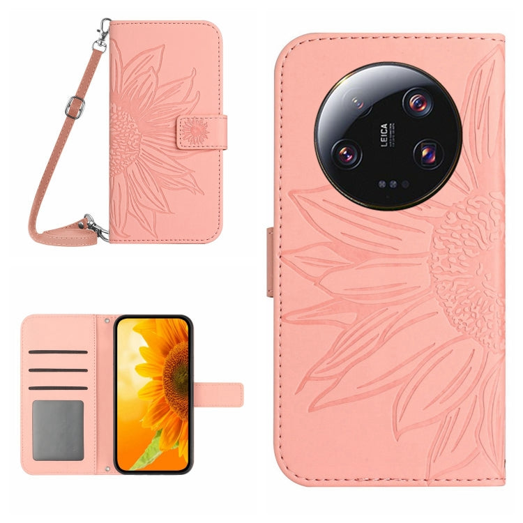 For Xiaomi 13 Ultra HT04 Skin Feel Sun Flower Embossed Flip Leather Phone Case with Lanyard
