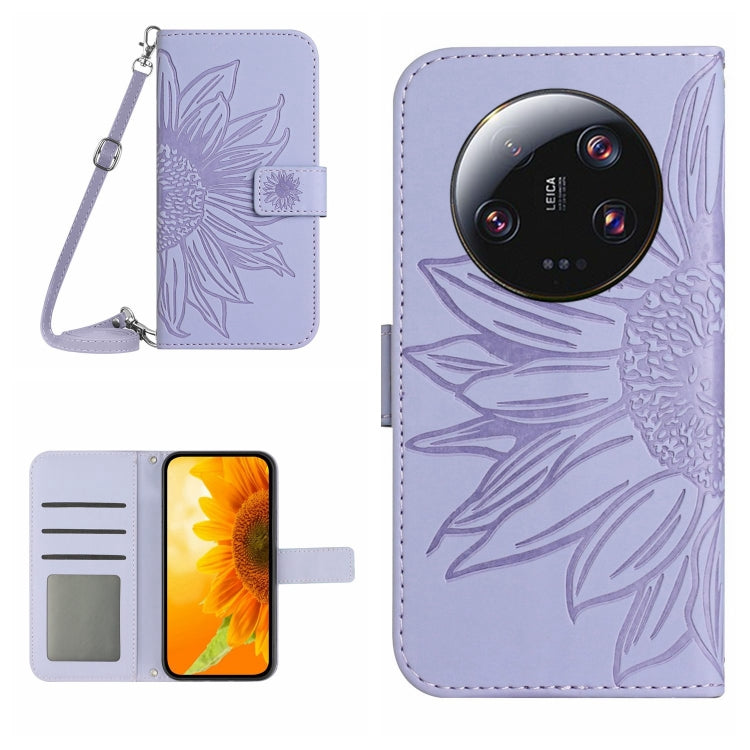 For Xiaomi 13 Ultra HT04 Skin Feel Sun Flower Embossed Flip Leather Phone Case with Lanyard
