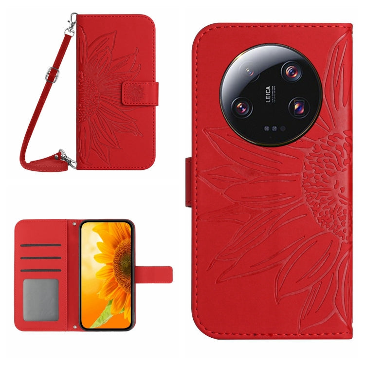 For Xiaomi 13 Ultra HT04 Skin Feel Sun Flower Embossed Flip Leather Phone Case with Lanyard