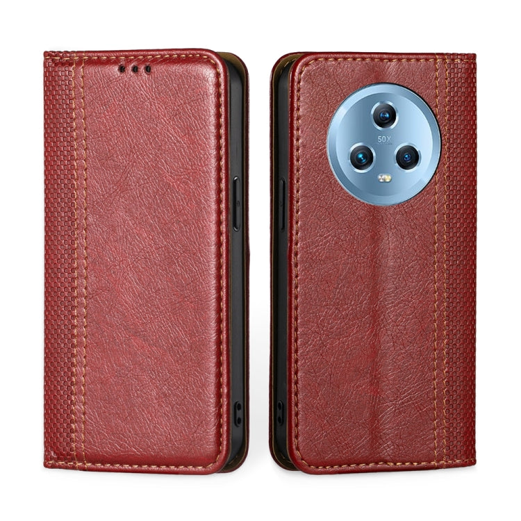 For Honor Magic5 Grid Texture Magnetic Flip Leather Phone Case