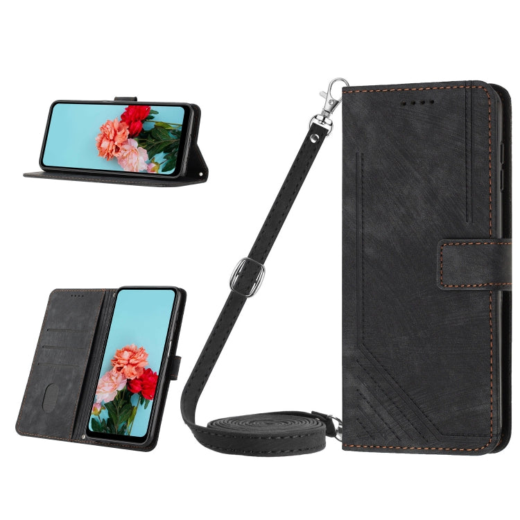 For Nokia C02 Skin Feel Stripe Pattern Leather Phone Case with Lanyard