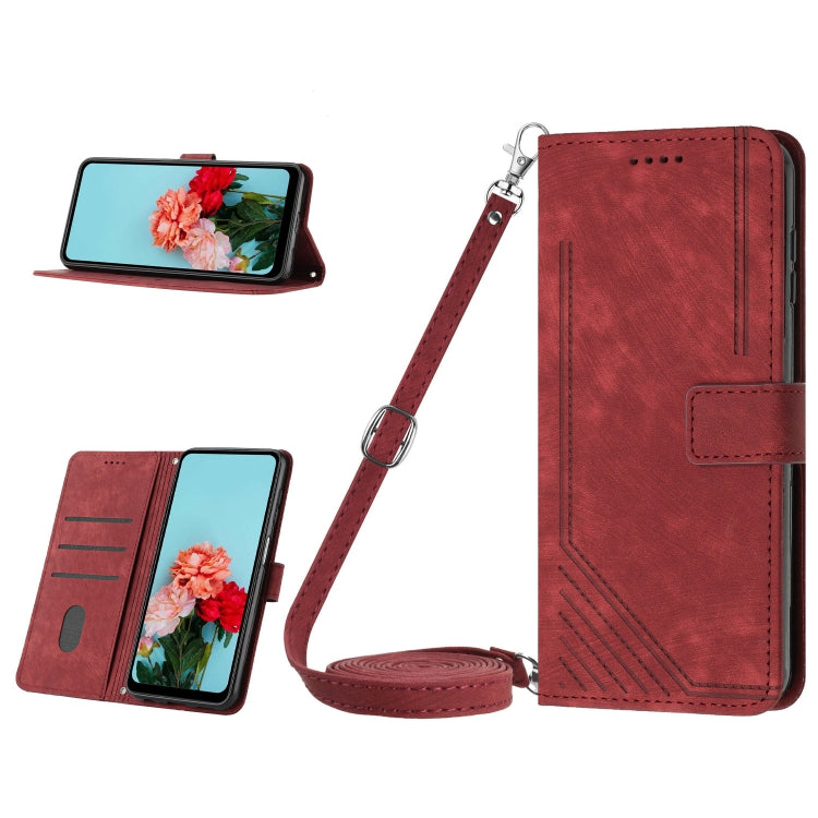 For Tecno Spark 10 Skin Feel Stripe Pattern Leather Phone Case with Lanyard