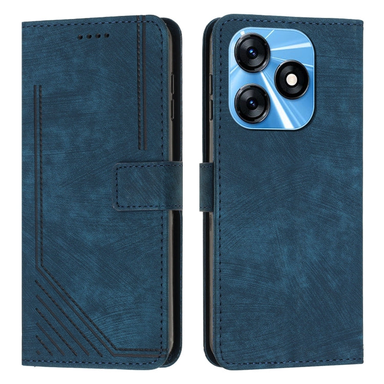 For Tecno Spark 10 Skin Feel Stripe Pattern Leather Phone Case with Lanyard