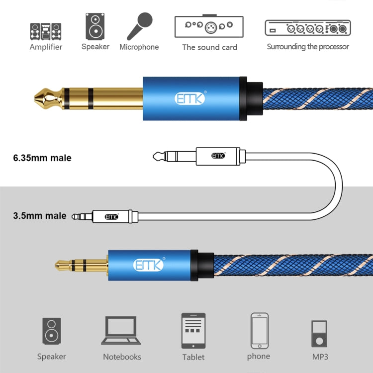 EMK 3.5mm Jack Male to 6.35mm Jack Male Gold Plated Connector Nylon Braid AUX Cable for Computer / X-BOX / PS3 / CD / DVD, Cable Length:1m(Dark Blue)