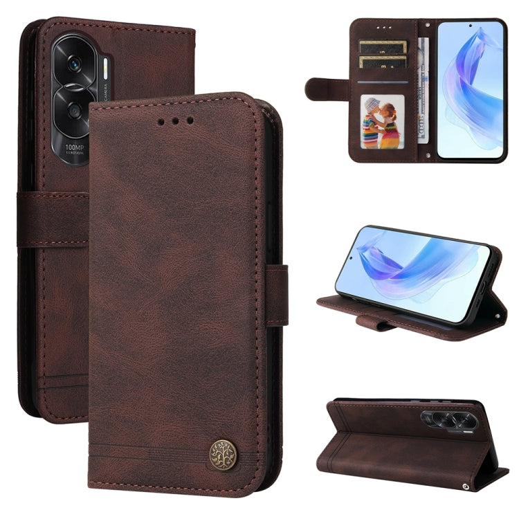 For Honor X50i 5G Skin Feel Life Tree Metal Button Leather Phone Case