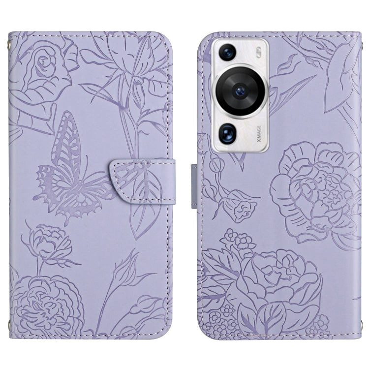 For Huawei P60 Pro HT03 Skin Feel Butterfly Embossed Flip Leather Phone Case