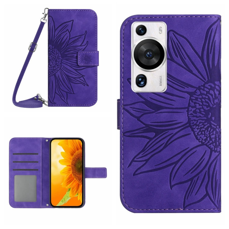 For Huawei P60 Pro Skin Feel Sun Flower Embossed Flip Leather Phone Case with Lanyard