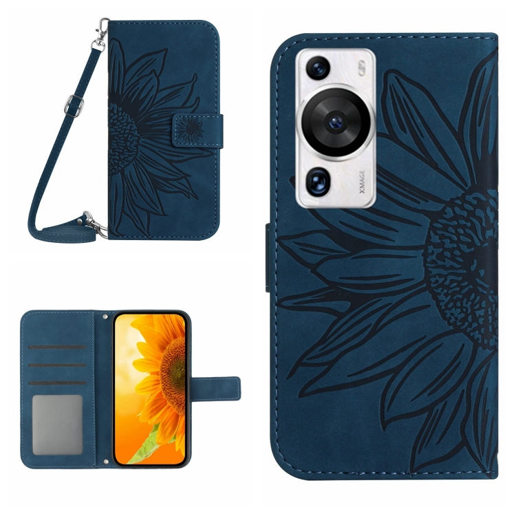 For Huawei P60 Pro Skin Feel Sun Flower Embossed Flip Leather Phone Case with Lanyard