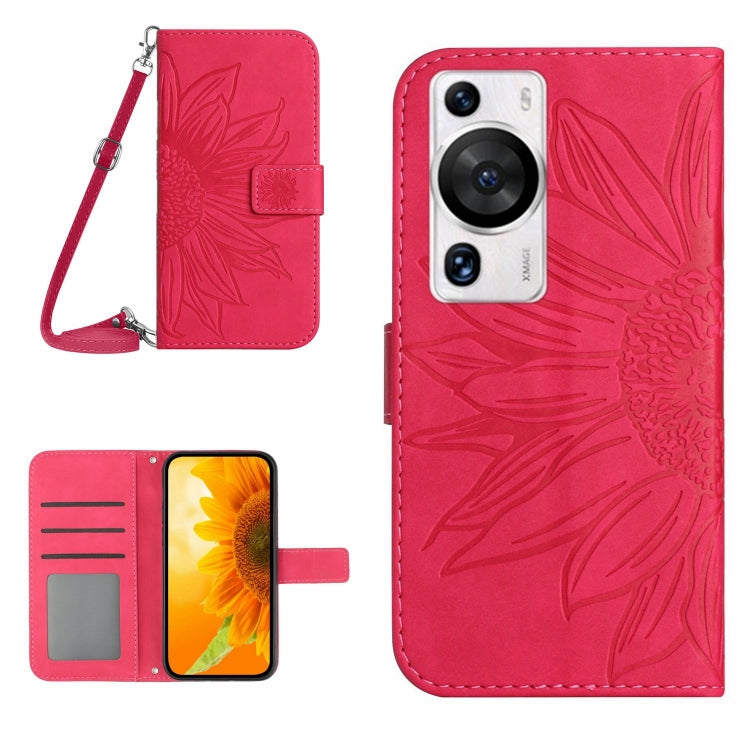 For Huawei P60 Pro Skin Feel Sun Flower Embossed Flip Leather Phone Case with Lanyard