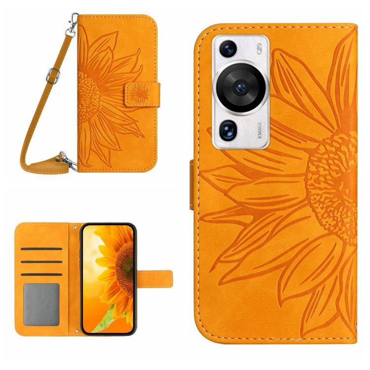 For Huawei P60 Pro Skin Feel Sun Flower Embossed Flip Leather Phone Case with Lanyard
