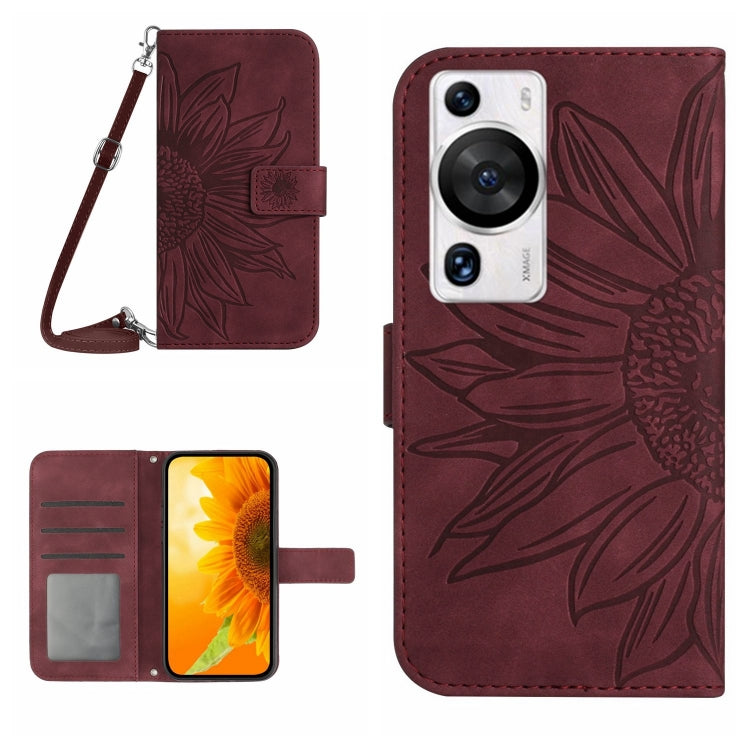 For Huawei P60 Pro Skin Feel Sun Flower Embossed Flip Leather Phone Case with Lanyard