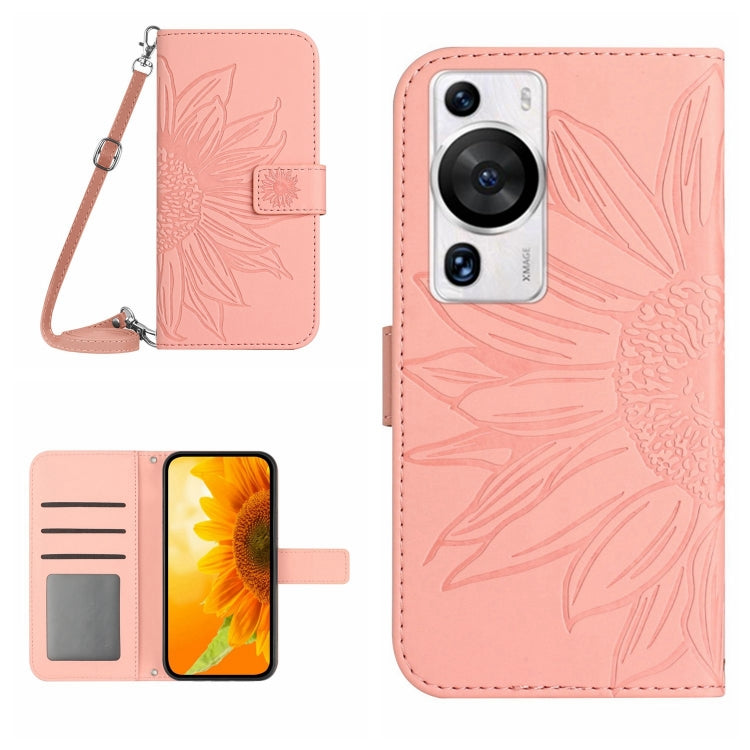 For Huawei P60 Pro Skin Feel Sun Flower Embossed Flip Leather Phone Case with Lanyard
